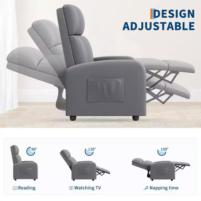 Black/Grey Push-Back Recliner Chair, Single Seat, PU Leather, Up to 300 lbs
