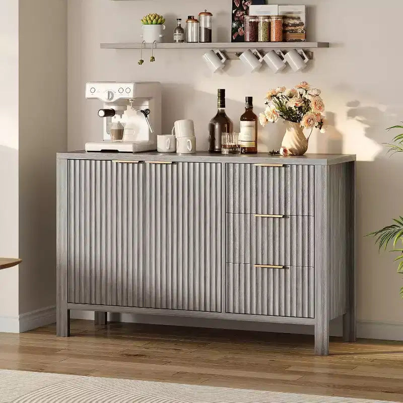 Modern Buffet Fluted Sideboard Storage Cabinet for Living Room, Hallway, Grey