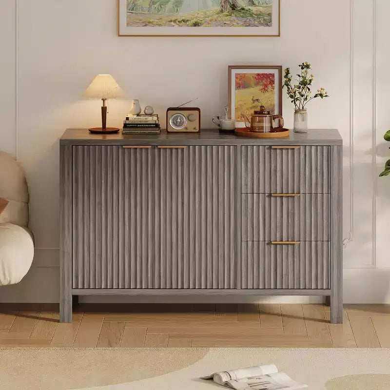 Grey Fluted Sideboard, 2-Door 3-Drawer Storage Cabinet