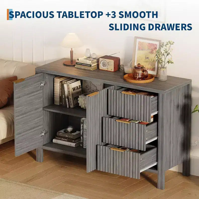 Grey Fluted Sideboard, 2-Door 3-Drawer Storage Cabinet