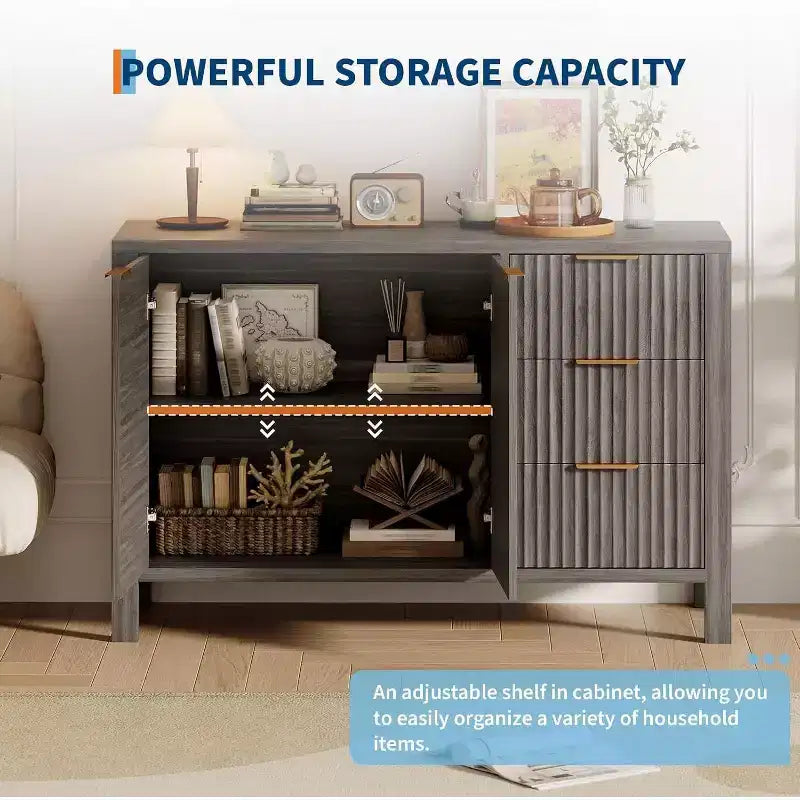 Grey Fluted Sideboard, 2-Door 3-Drawer Storage Cabinet