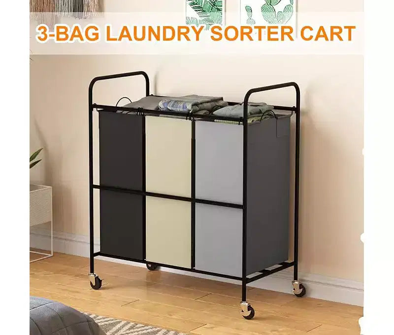 Gray 3-Bag Laundry Sorter Cart with Lockable Wheels, Removable Bags – For 2-3 Person Household