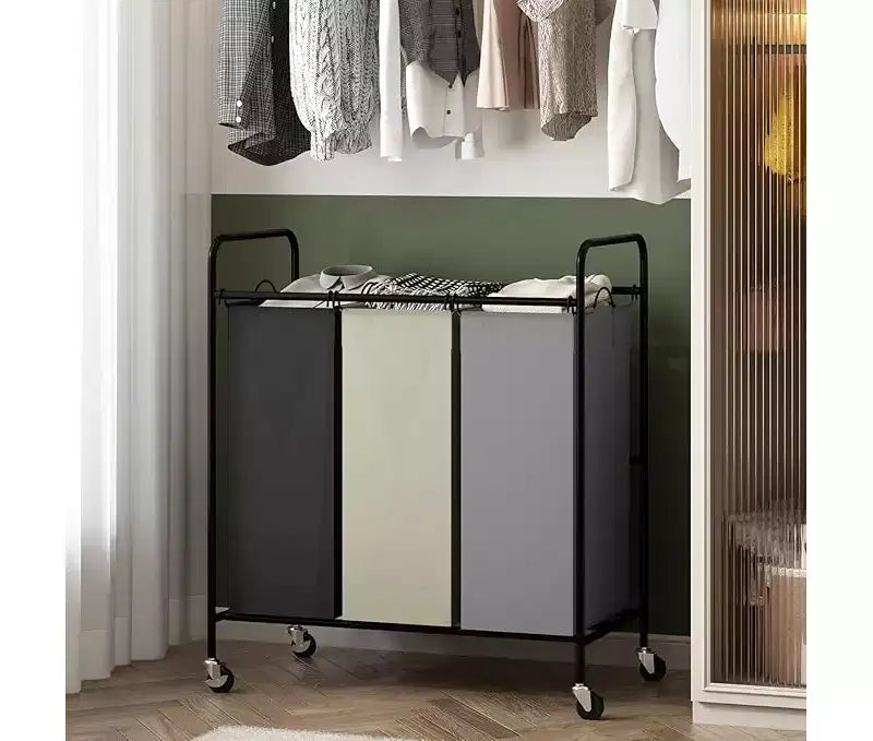 Gray 3-Bag Laundry Sorter Cart with Lockable Wheels, Removable Bags – For 2-3 Person Household