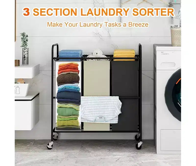 Gray 3-Bag Laundry Sorter Cart with Lockable Wheels, Removable Bags – For 2-3 Person Household