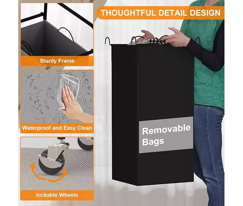Gray 3-Bag Laundry Sorter Cart with Lockable Wheels, Removable Bags – For 2-3 Person Household