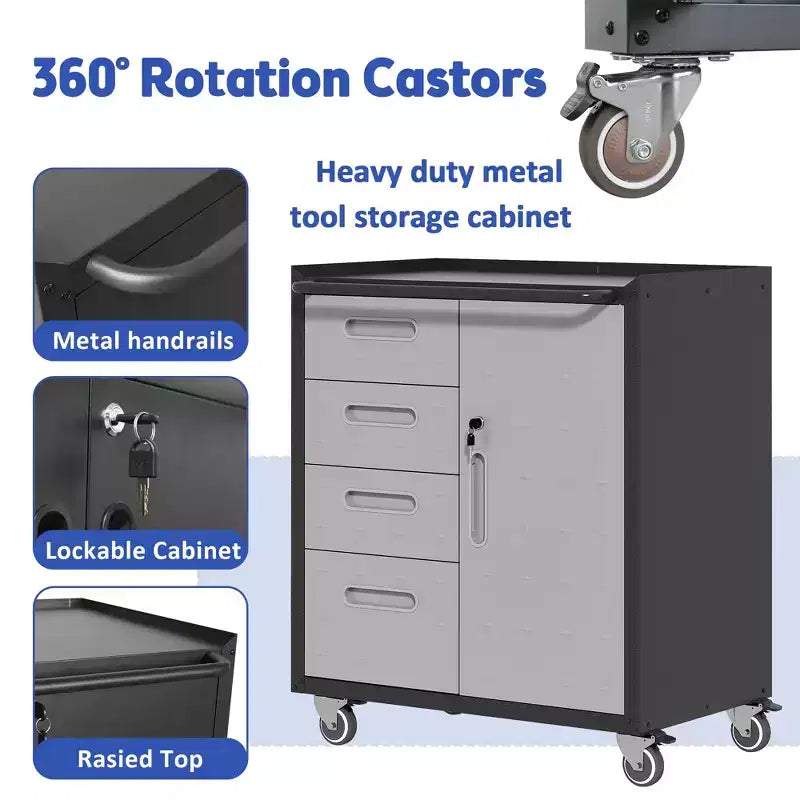 Black Steel Tool Cabinet with 4 Drawers & Lockable Compartment, Rolling, Single-User
