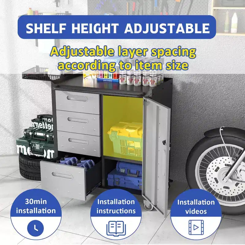 Black Steel Tool Cabinet with 4 Drawers & Lockable Compartment, Rolling, Single-User