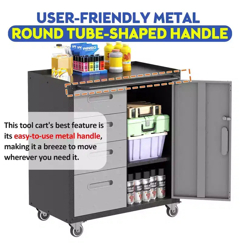 Black Steel Tool Cabinet with 4 Drawers & Lockable Compartment, Rolling, Single-User