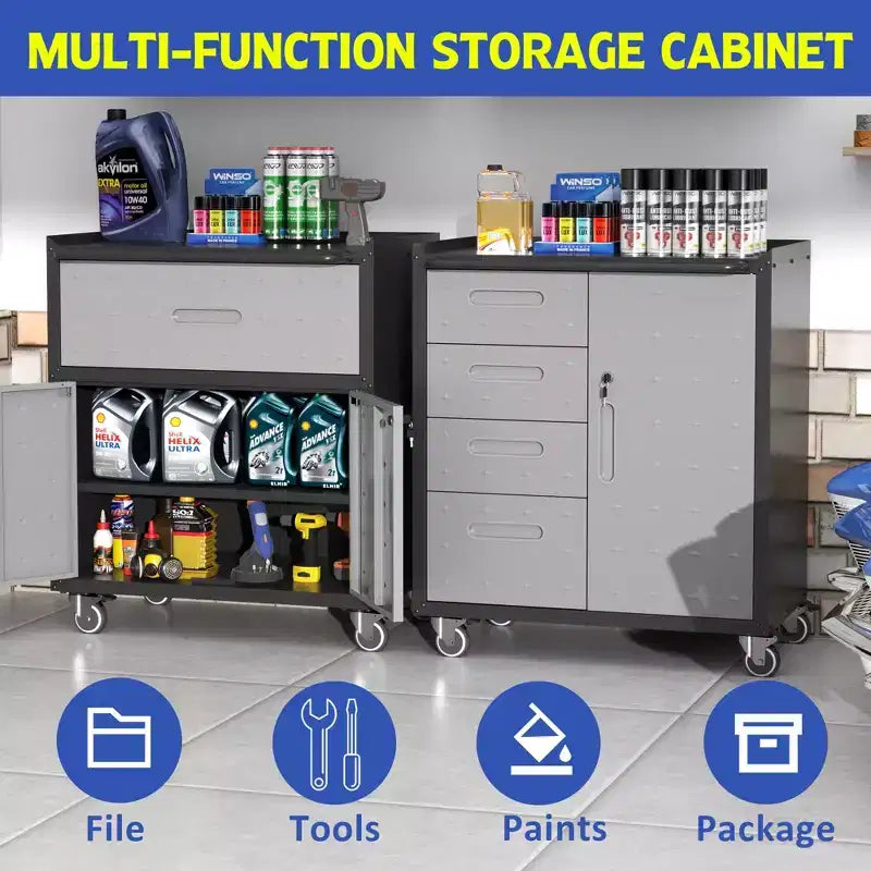 Black Steel Tool Cabinet with 4 Drawers & Lockable Compartment, Rolling, Single-User