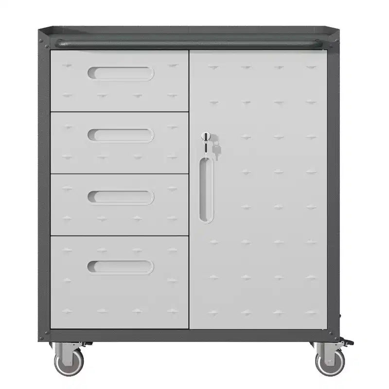 Black Steel Tool Cabinet with 4 Drawers & Lockable Compartment, Rolling, Single-User
