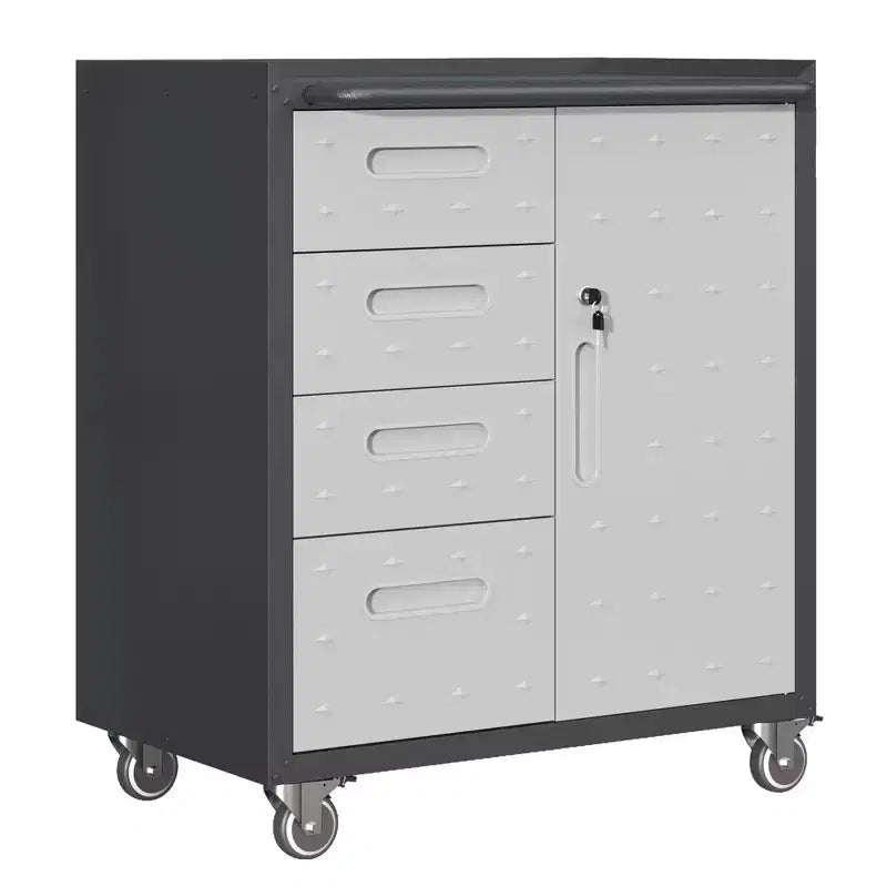 Black Steel Tool Cabinet with 4 Drawers & Lockable Compartment, Rolling, Single-User