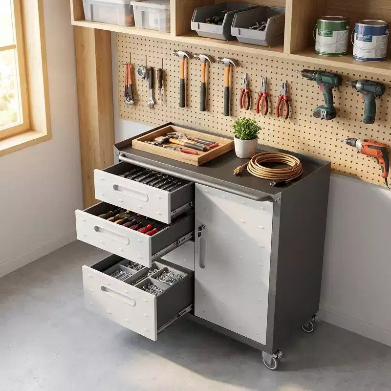 Black Steel Tool Cabinet with 4 Drawers & Lockable Compartment, Rolling, Single-User