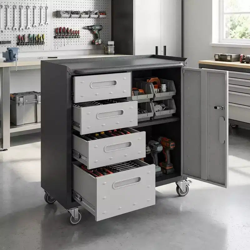Black Steel Tool Cabinet with 4 Drawers & Lockable Compartment, Rolling, Single-User