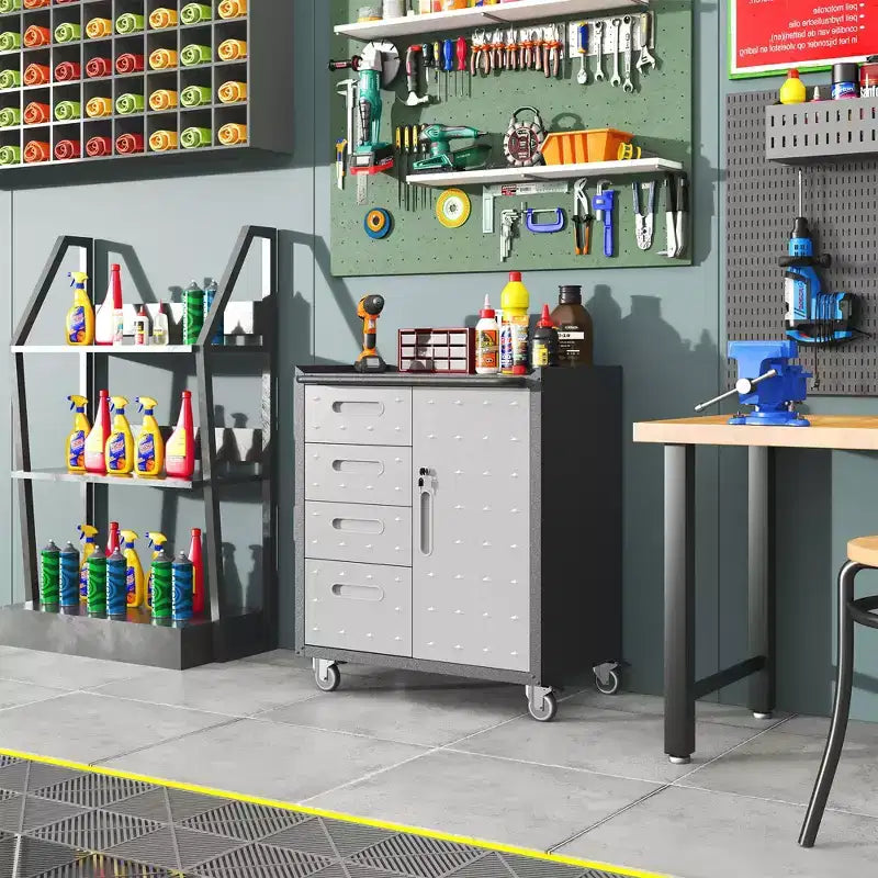 Black Steel Tool Cabinet with 4 Drawers & Lockable Compartment, Rolling, Single-User