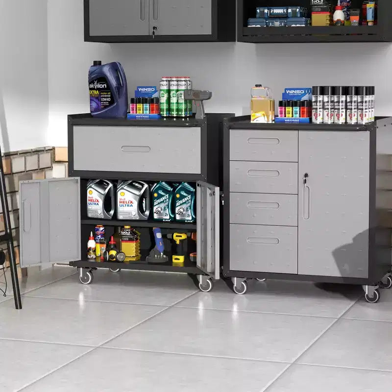 Black Steel Tool Cabinet with 4 Drawers & Lockable Compartment, Rolling, Single-User