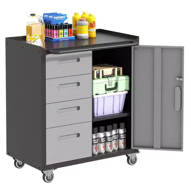 Black Steel Tool Cabinet with 4 Drawers & Lockable Compartment, Rolling, Single-User