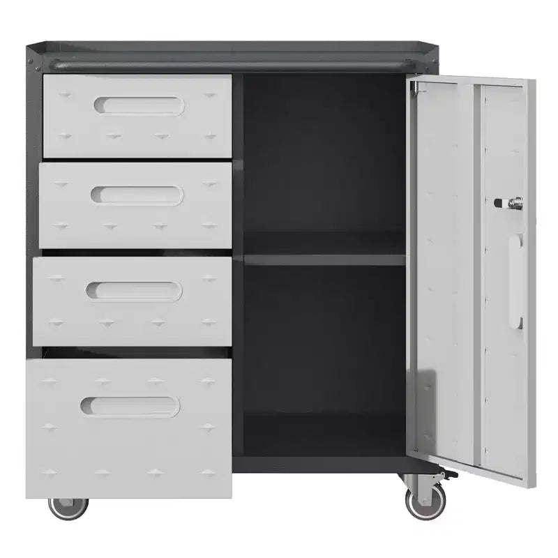 Black Steel Tool Cabinet with 4 Drawers & Lockable Compartment, Rolling, Single-User