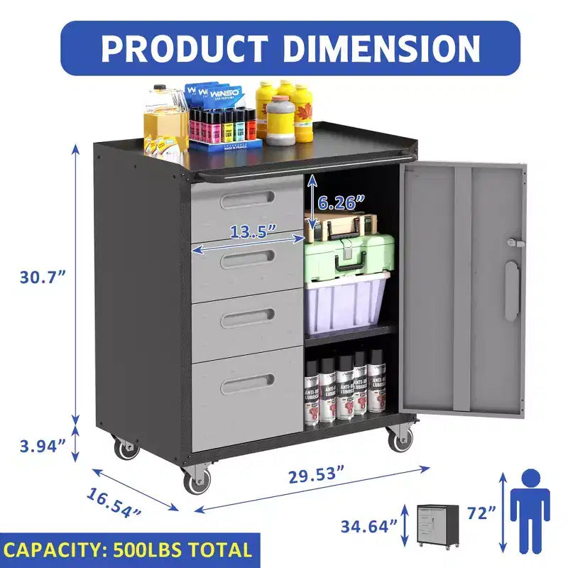 Black Steel Tool Cabinet with 4 Drawers & Lockable Compartment, Rolling, Single-User