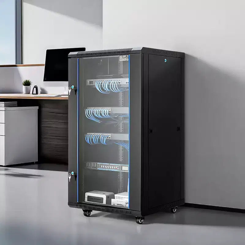 Black 22U Wall Mount Network Cabinet Rack Enclosure, Single-Unit, Locking Glass Door