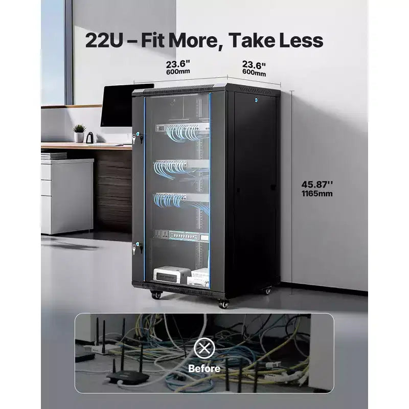 Black 22U Wall Mount Network Cabinet Rack Enclosure, Single-Unit, Locking Glass Door