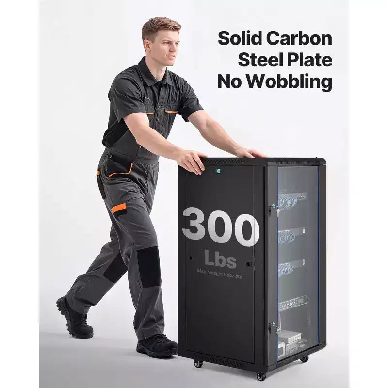 Black 22U Wall Mount Network Cabinet Rack Enclosure, Single-Unit, Locking Glass Door