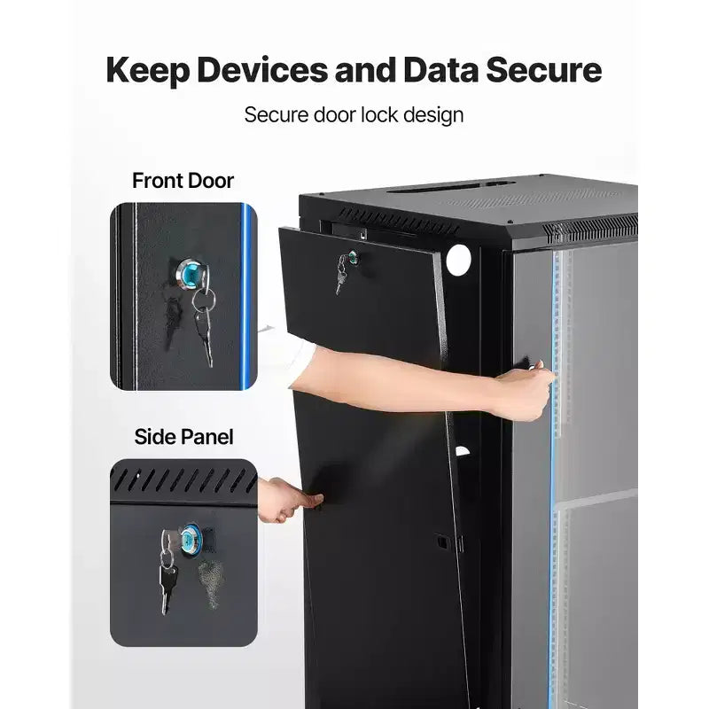 Black 22U Wall Mount Network Cabinet Rack Enclosure, Single-Unit, Locking Glass Door