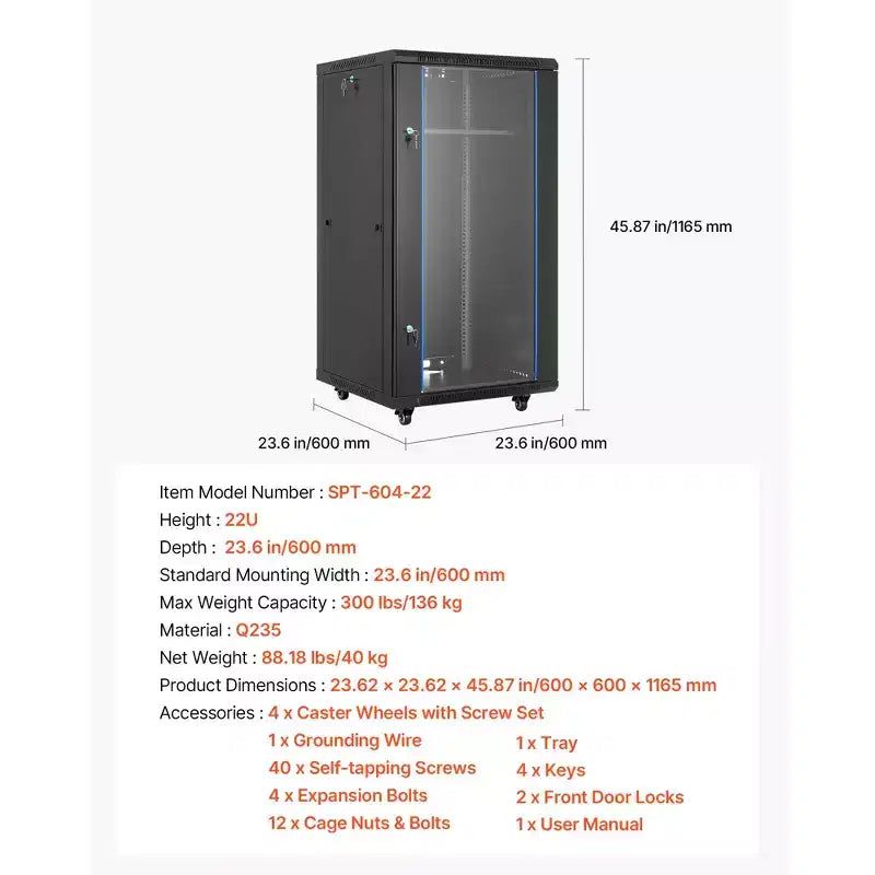 Black 22U Wall Mount Network Cabinet Rack Enclosure, Single-Unit, Locking Glass Door