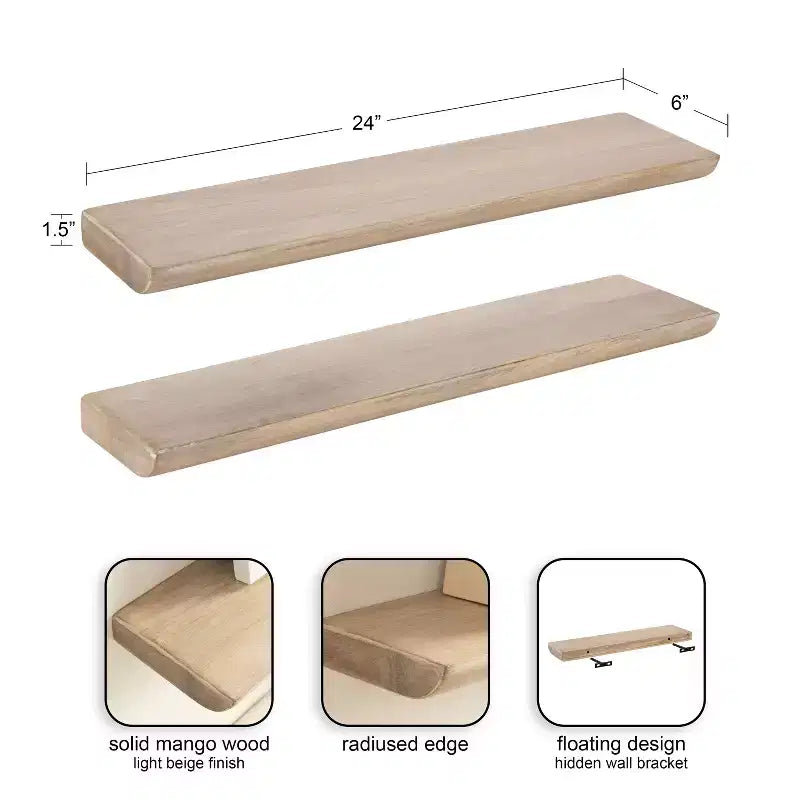 Natural Wood Floating Wall Shelf, 24", Set of 2
