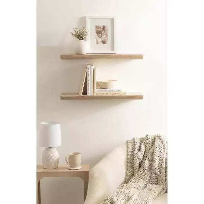 Natural Wood Floating Wall Shelf, 24", Set of 2