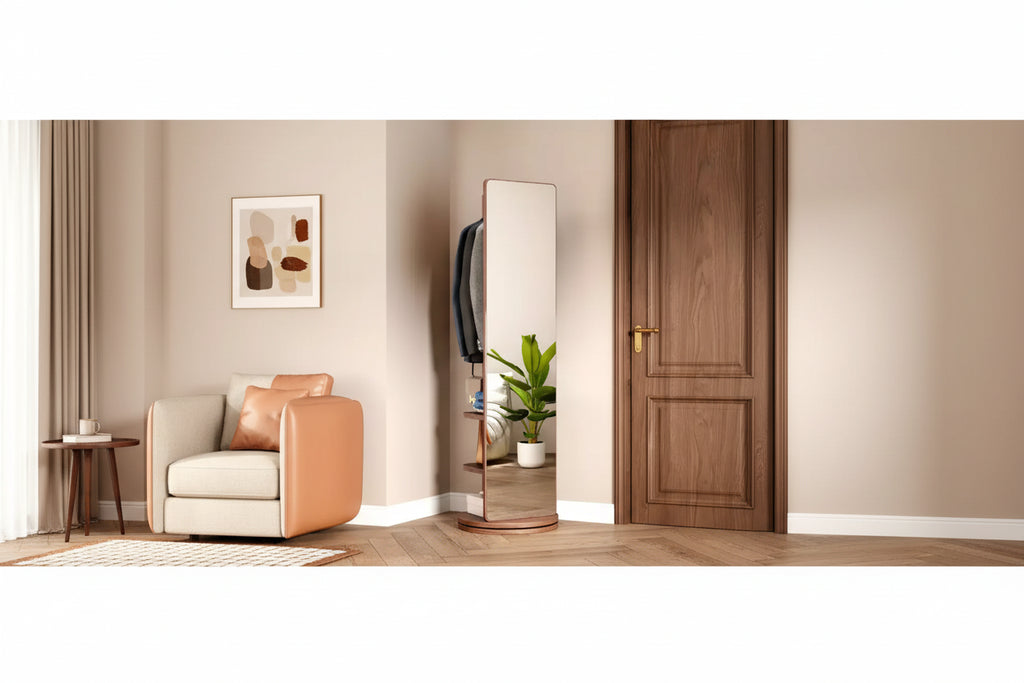 360 Rotating 66x14 Multifunctional Full Length Mirror with Hook Storage Rack Coat Rack with Mirror Solid Wood Floor Mirror Bedroom Space Saving