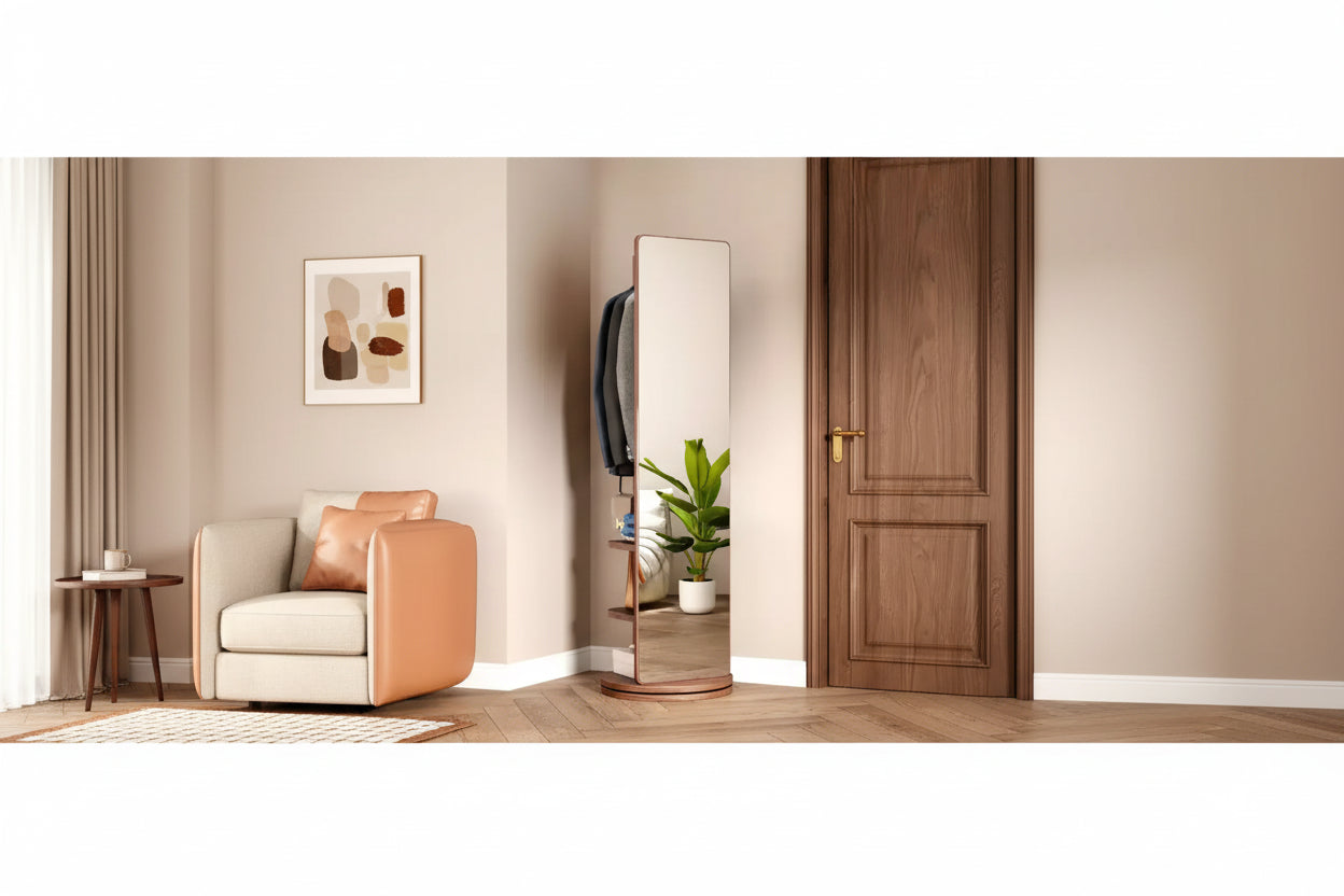 360 Rotating 66x14 Multifunctional Full Length Mirror with Hook Storage Rack Coat Rack with Mirror Solid Wood Floor Mirror Bedroom Space Saving