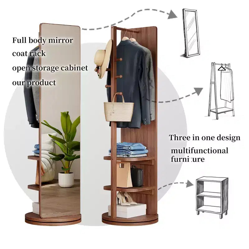 Walnut, 360° Rotating, Full-Length Floor Mirror with Coat Rack, 1-Person