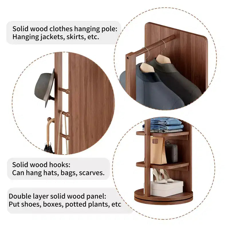 Walnut, 360° Rotating, Full-Length Floor Mirror with Coat Rack, 1-Person