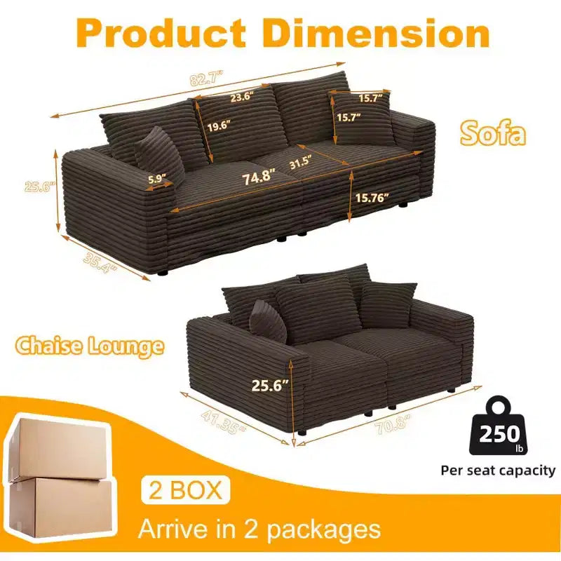 Beige/Black/Brown/Gray/Green Modular Sectional Sofa, 2-Seat Deep Seat Couch with Pillow Back