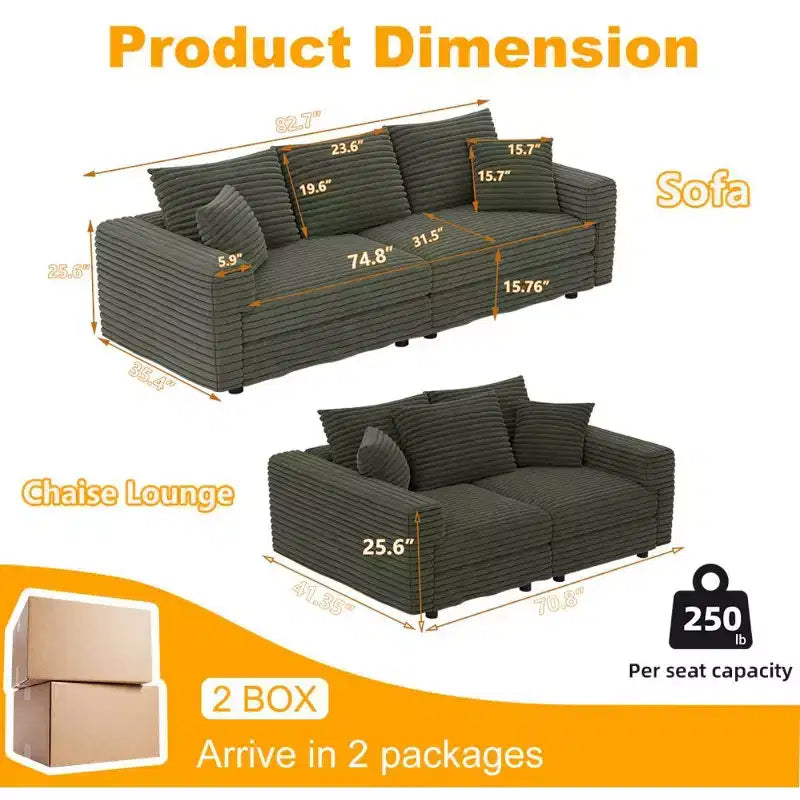 Beige/Black/Brown/Gray/Green Modular Sectional Sofa, 2-Seat Deep Seat Couch with Pillow Back