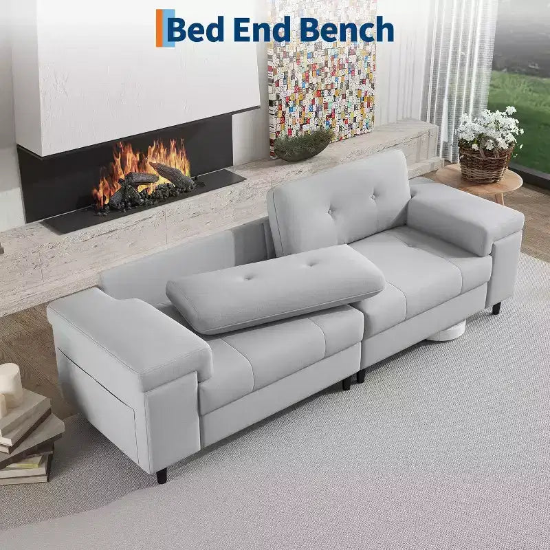 Beige / Gray Modern 3-Seater Sofa with Adjustable Armrests, Chenille Fabric