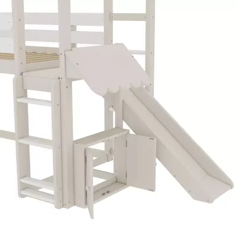 Beige/Black House-Style Loft Bed with Slide & Bookshelf, Twin/Full, for 1