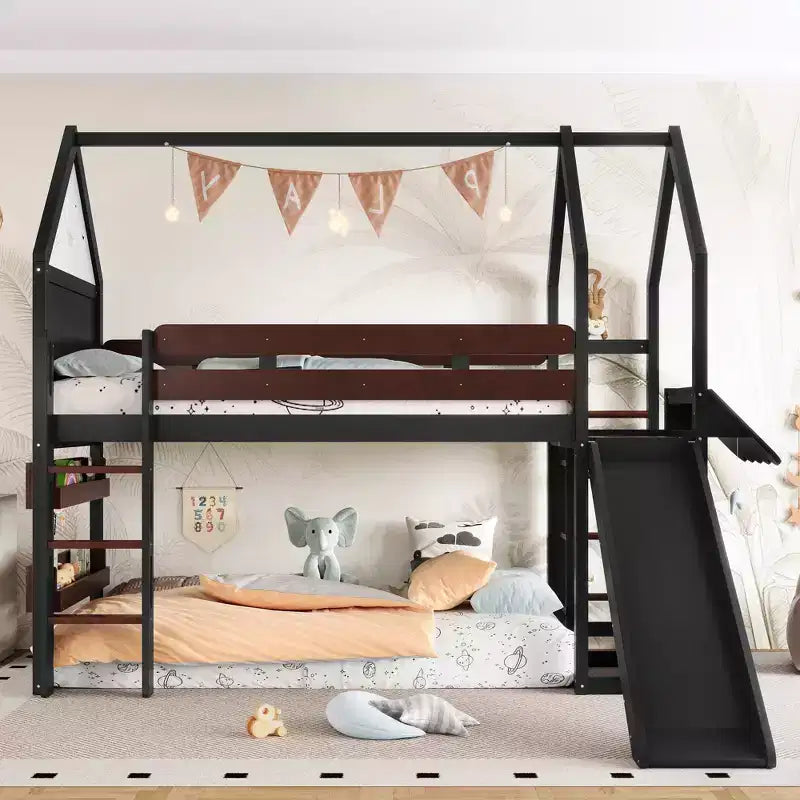 Beige/Black House-Style Loft Bed with Slide & Bookshelf, Twin/Full, for 1