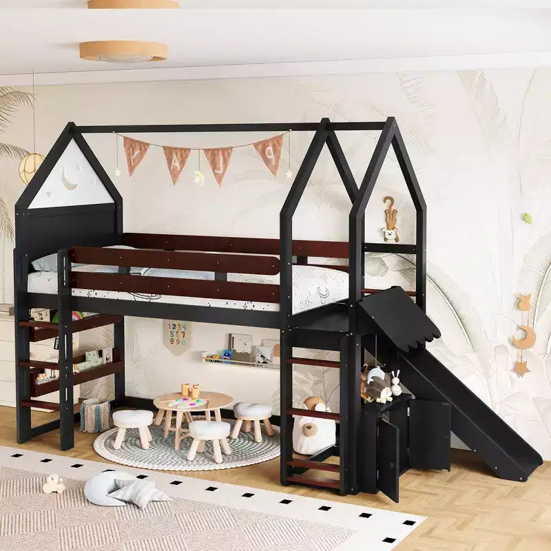 Beige/Black House-Style Loft Bed with Slide & Bookshelf, Twin/Full, for 1