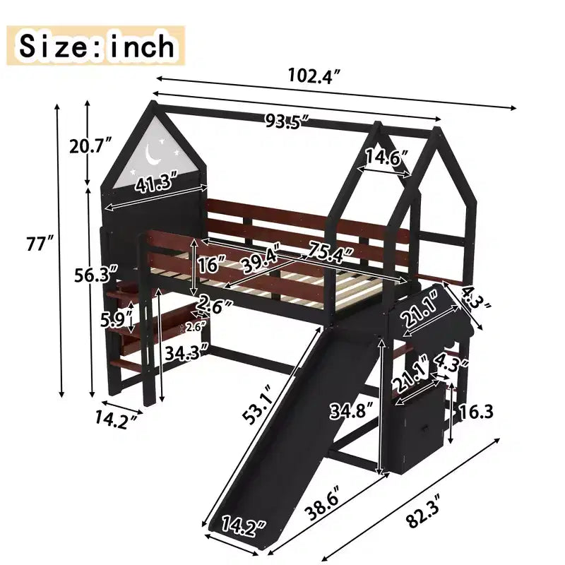 Beige/Black House-Style Loft Bed with Slide & Bookshelf, Twin/Full, for 1