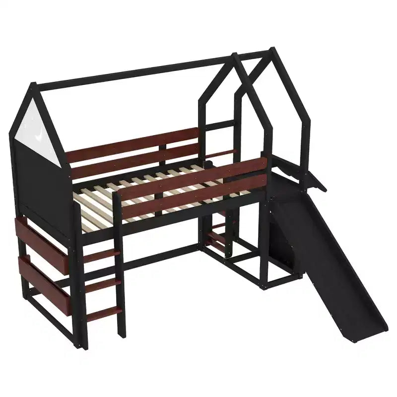 Beige/Black House-Style Loft Bed with Slide & Bookshelf, Twin/Full, for 1