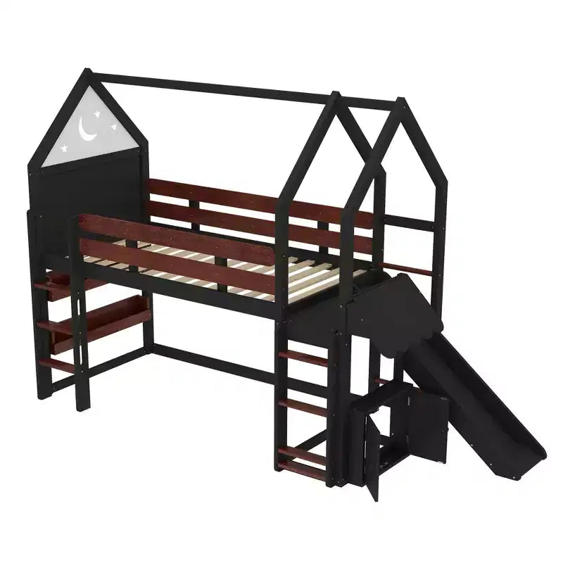 Beige/Black House-Style Loft Bed with Slide & Bookshelf, Twin/Full, for 1