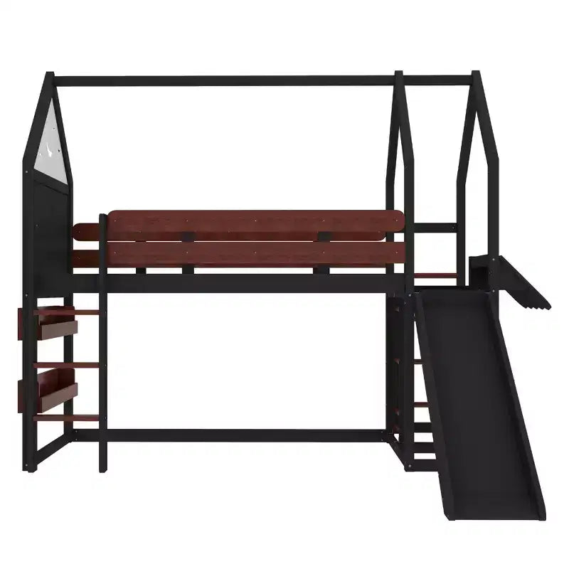 Beige/Black House-Style Loft Bed with Slide & Bookshelf, Twin/Full, for 1