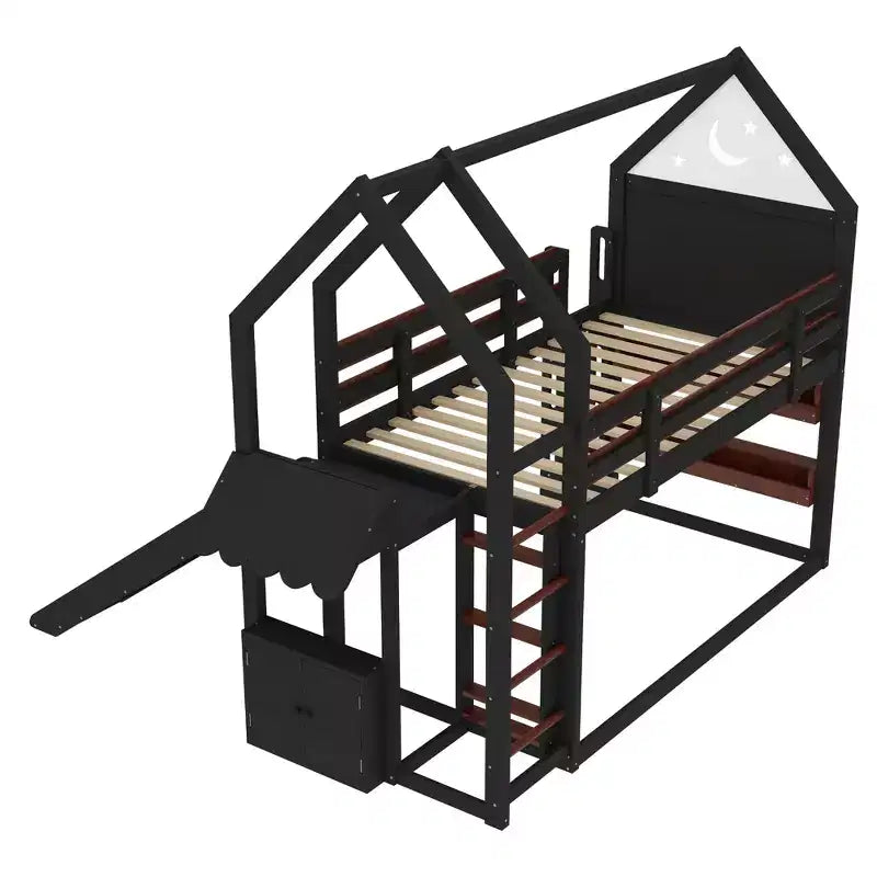 Beige/Black House-Style Loft Bed with Slide & Bookshelf, Twin/Full, for 1