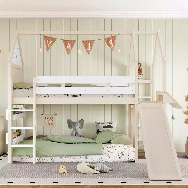 Beige/Black House-Style Loft Bed with Slide & Bookshelf, Twin/Full, for 1