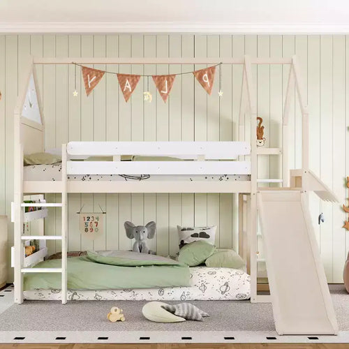 Beige/Black House-Style Loft Bed with Slide & Bookshelf, Twin/Full, for 1