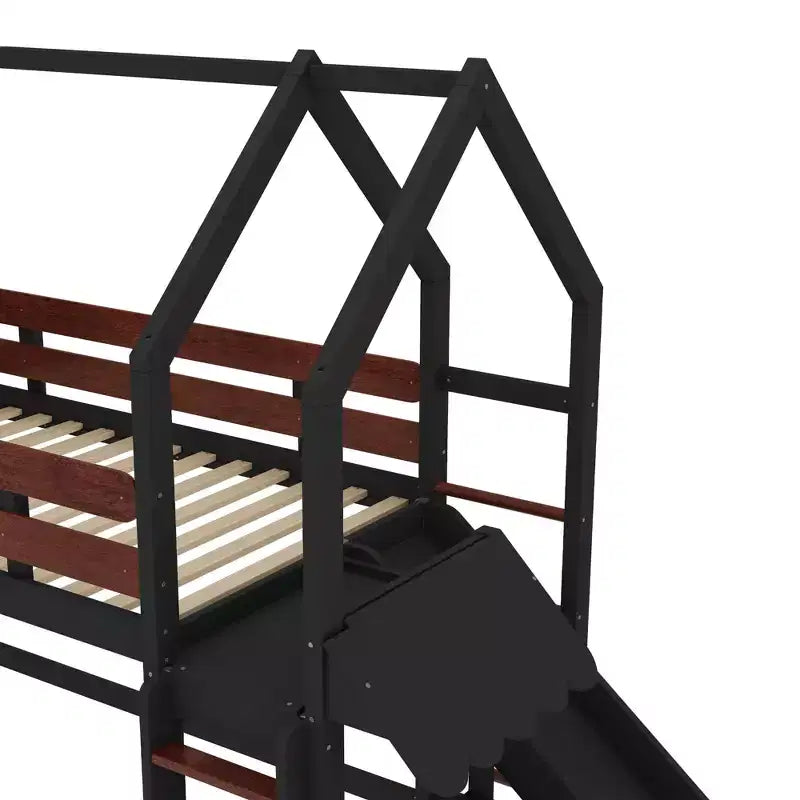 Beige/Black House-Style Loft Bed with Slide & Bookshelf, Twin/Full, for 1