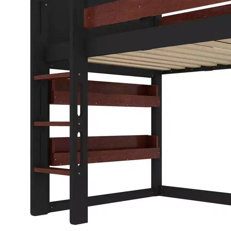 Beige/Black House-Style Loft Bed with Slide & Bookshelf, Twin/Full, for 1