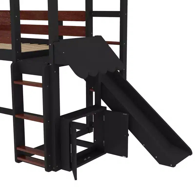 Beige/Black House-Style Loft Bed with Slide & Bookshelf, Twin/Full, for 1