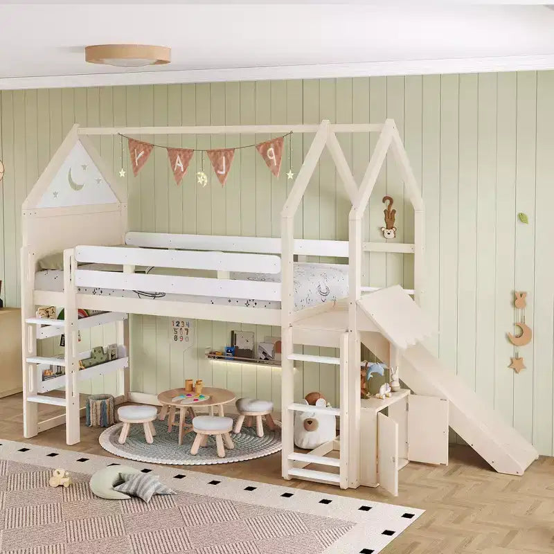 Beige/Black House-Style Loft Bed with Slide & Bookshelf, Twin/Full, for 1